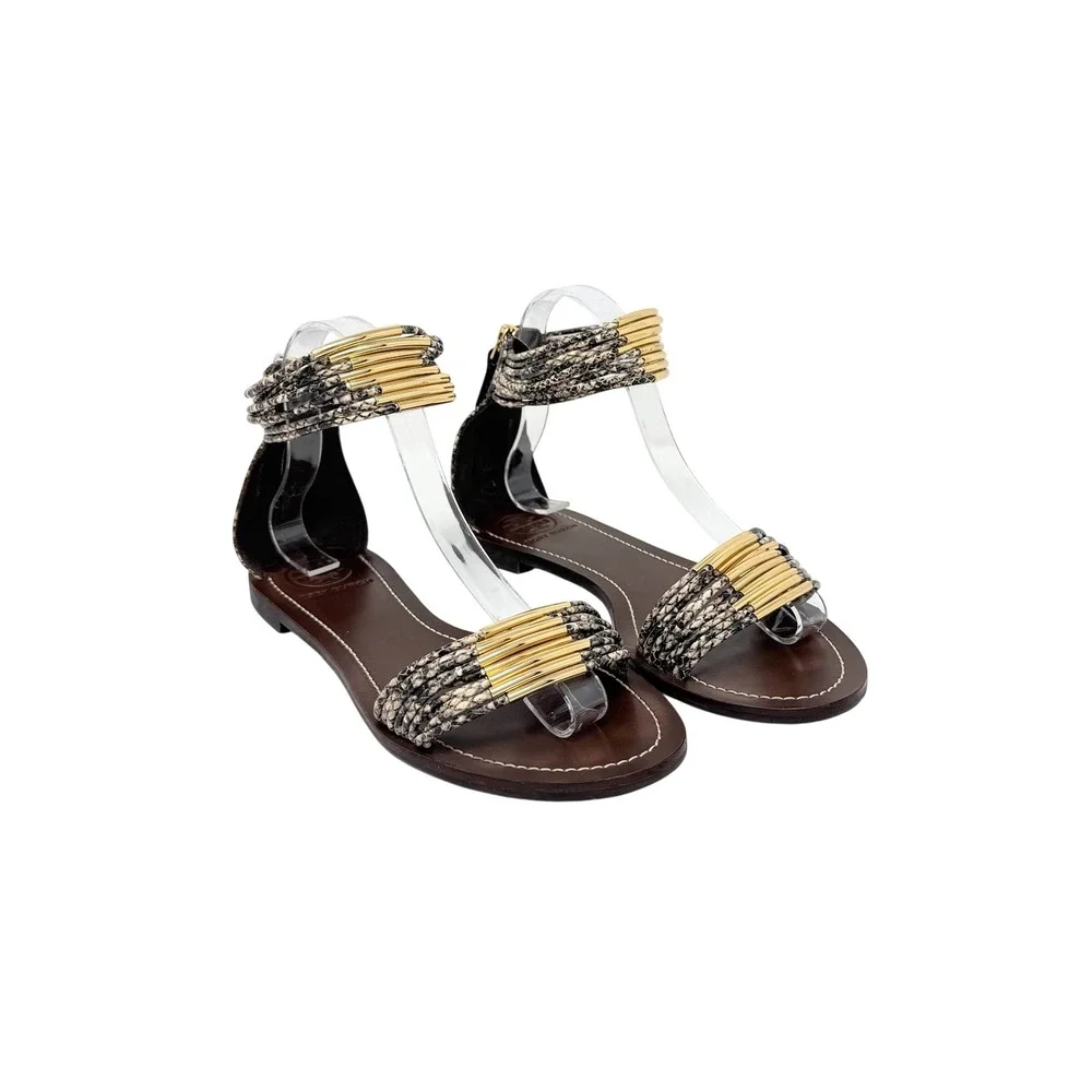 Tory Burch Mignon Ankle Strap Flat Sandals Gold Snake Print Size 8.5